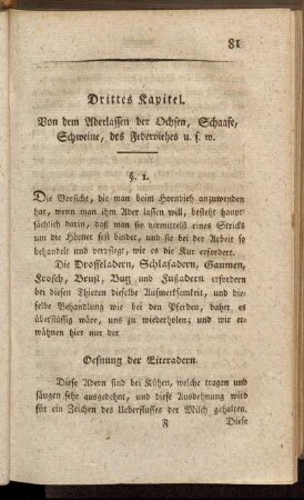 Drittes Kapitel. Von dem Aderlassen der Ochsen, Schaafe, Schweine, des Federviehes u.s.w.