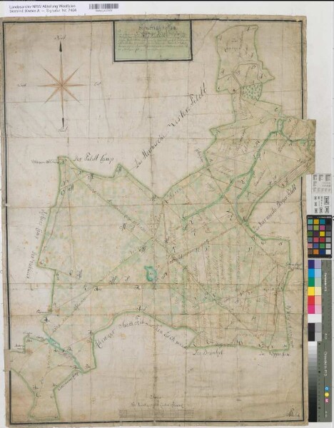 Riemke (Bochum) Vermessung der Riemker Voede 1773 100 rh. Ruten = 18,5 cm 99 x 72 kol. Zeichnung Bielitz KSA Nr. 1248