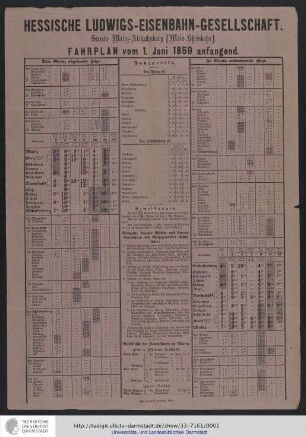Fahrplan vom 1. Juni 1859 anfangend. Hessische Ludwigs-Eisenbahn-Gesellschaft. Strecke Mainz-Aschaffenburg (Main-Rheinbahn)
