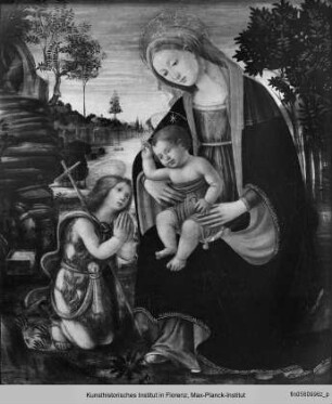 Thronende Madonna mit Johannesknaben vor einer Landschaft