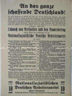 Propagandaflugblatt der NSDAP zur Reichstagswahl 1928 mit Polemik gegen den Versailler Vertrag und den Dawes-Plan