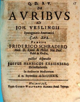 De auribus, ad J. Veslingii Synt. anat. c. 16