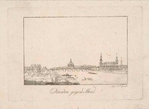 Stadtansicht von Dresden, Blick von der rechten Elbseite auf die Altstadt nach Südosten, im Vordergrund Boote