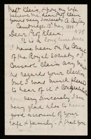 Nr. 14: Briefe von Arthur Cayley an Felix Klein, Cambridge, 13.5.1886