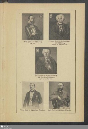 Wolf, Herr von Schönburg, geb. 1532 - Samuel Heinrich Graf und Herr von Schönburg, geb. den 26. September 1642 - Franz Heinrich, regierender Graf und Herr von Schönburg, geb. den 13. Mai 1682 - Alban Graf v. Schönburg-Glauchau - Carl Graf v. Schönburg-Glauchau