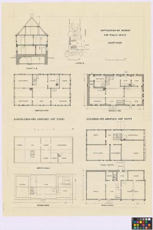 drei Häuser. - Hopfgarten (Kreis Weimar): Hof Ewald Gehle, Lageplan mit Haupthaus und Wirtschaftsgebäude, Haupthaus (Querschnitt A-B, Grundriss des Obergeschosses, Grundriss des Erdgeschosses). - Alkersleben (Kreis Arnstadt): Hof Schiel, [Haupthaus] (Grundriss des Obergeschosses, Grundriss des Erdgeschosses). - Gügleben (Kreis Arnstadt): Hof Hoyer, [Haupthaus] (Grundriss des Obergeschosses, Grundriss des Erdgeschosses)