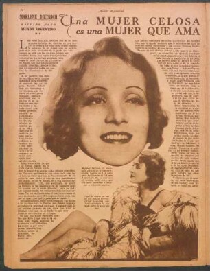 Una mujer celosa es una mujer que ama : Marlene Dietrich escribe para Mundo Argentino