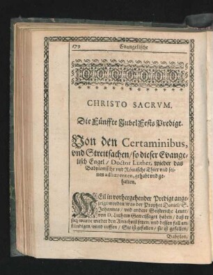 Die Fünffte JubelFests Predigt. Von den Certaminibus, und Streitsachen/ so dieser Evangelisch Engel/ Doctor Luther ...