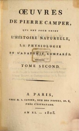 Oeuvres de Pierre Camper, qui ont pour objet l'histoire naturelle, la physiologie et l'anatomie comparée, 2