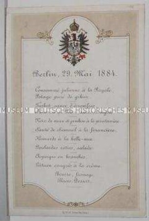 Speisekarte vom 29. Mai 1884