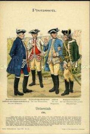 Uniformdarstellung, Regiments-Quartiermeister der Infanterie und der Kürassiere, Auditeure der Infanterie und der Dragoner, Regiments-Feldscheere der Infanterie und der Husaren, Königreich Preußen, 1761.