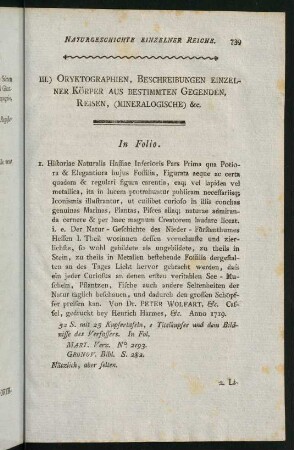 739-788, III. Oryktographien, Beschreibungen einzelner Körper aus bestimmten Gegenden, Reisen, (Mineralogische) &c.