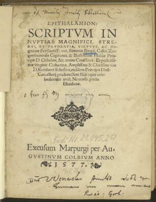 Epithalamion, scriptum in nuptias magnifici, strenui, et prudentia..., viri Simonis Bingii...