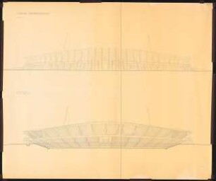 Stadion Oberwiesenfeld, München: Außenansicht Ost, Innenseite West, Schnitt Nord-Süd, 1:200, (von Inv.nr. 39723, 39726)