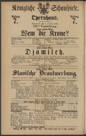 [Theaterzettel] : Sonnabend, den 1. October 1892. 197ste Vorstellung. Königliche Schauspiele. Opernhaus