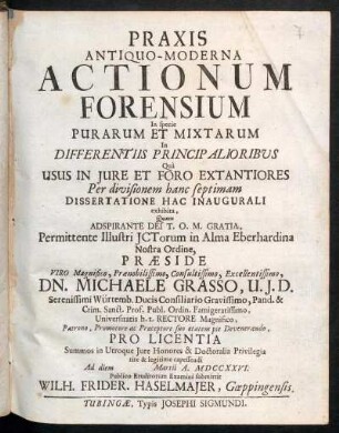 Praxis Antiquo-Moderna Actionum Forensium In specie Purarum Et Mixtarum : In Differentiis Principalioribvs Quà Usus In Jure Et Foro Extantiores Per divisionem hanc septimam Dissertatione Hac Inaugurali exhibita