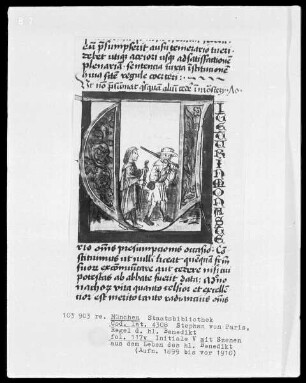 Stephan von Paris, Auslegung der Regel des heiligen Benedikt — Initiale V, darin zwei Pilger, Folio 117verso