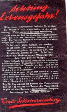 Abwurf-Flugblatt der Alliierten mit dem Aufruf zur bedingungslosen Kapitulation unter Verweis auf die Überlegenheit der alliierten Luftwaffe
