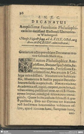 Decanatus Amplissimae Facultatis Philosophicae in laudatissima Electorali Universitate Witebergensi Mense Maio & seqq. ad d. XIIX. Octob. usq[ue] Anni MDCXXXIV. administratus