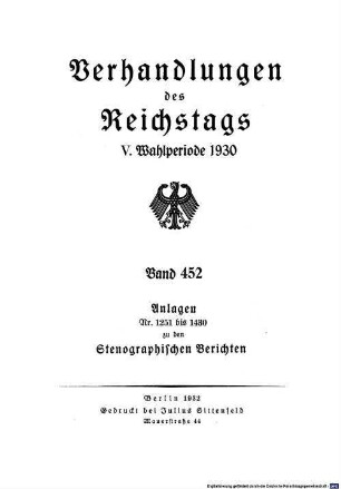 Verhandlungen des Reichstages. Stenographische Berichte. 452. 1930