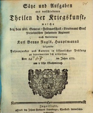 Sätze und Aufgaben aus verschiedenen Theilen der Kriegskunst