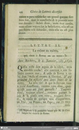 Lettre XX. La même au même. Aux Rochers, le 8. Janvier, (b) 1690