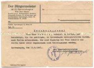 Bescheinigung über die Mitnahme der eigenen Sachen auf der Rückreise an den Wohnort nach Berlin