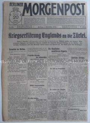Tageszeitung "Berliner Morgenpost" zur Kriegserklärung Großbritanniens an die Türkei