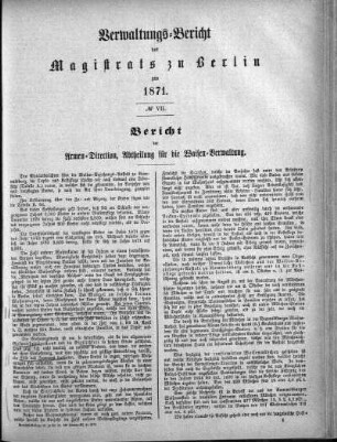 No. VII. Bericht der Armen-Direction, Abtheilung für die Waisen-Verwaltung