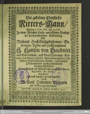 Der gekrönte christliche Rittersmann ... bey ... Bestattung des ... Hansen von Studnitz ...