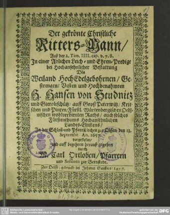 Der gekrönte christliche Rittersmann ... bey ... Bestattung des ... Hansen von Studnitz ...