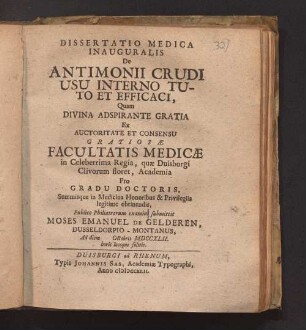 Dissertatio Medica Inauguralis De Antimonii Crudi Usu Interno Tuto Et Efficaci