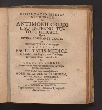 Dissertatio Medica Inauguralis De Antimonii Crudi Usu Interno Tuto Et Efficaci