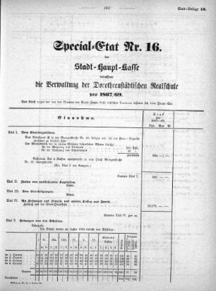 1867,18: Special-Etat Nr. 16 der Stadt-Haupt-Kasse betreffend die Verwaltung der Dorotheenstädtischen Realschule pro 1867/69