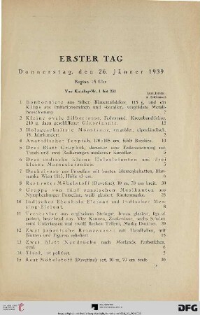 Erster Tag Donnerstag, den 26. Jänner 1939, Beginn 15 Uhr (Nr. 1-231)
