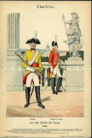 Uniformdarstellung, Gardist und Offizier der Garde du Corps, Markgrafschaft Baden, 1790.