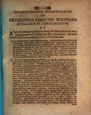 Observationvm Eclecticarvm De Metaphysica Leibnitio-Wolffiana Specimen VI. Theologicvm