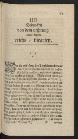 IIII. Bedencken von dem urprung derer beyden reichs-vicarien