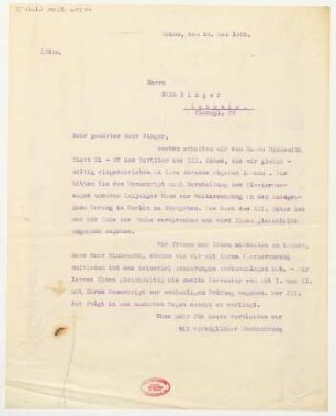 Brief an Otto Singer : 18.05.1926