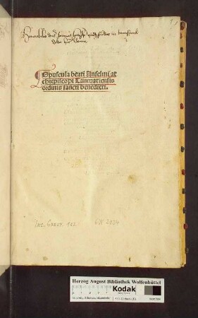 Opuscula beati Anselmi archiepiscopi Cantuariensis ordinis sancti benedicti