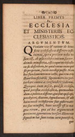 Liber Primus De Ecclesia Et Ministeriis Ecclesiasticis.