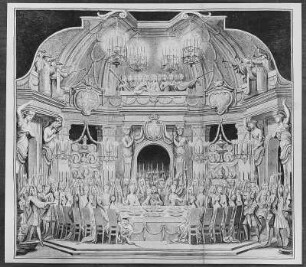 Ehrentempel zum 49. Geburtstag Augusts des Starken am 12. Mai 1718 : Wentzel, Johann Friedrich nach Pöppelmann, Matthäus Daniel: Ehrentempel zum 49. Geburtstag Augusts des Starken am 12. Mai 1718. Abendliche Festtafel im Innern des Pavillons. Feder, Pinsel in Schwarz, getönt; 44 x 83,5 cm. 1718. Dresden: SLUB Mscr.Dresd.J.3