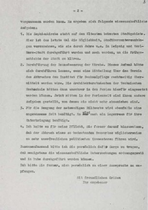 Entwurf eines Briefes von Fritz Löffler vom 09. o. 10.07.1959 an Oberbürgermeister Gute, den Abbruch der Sophienkirche betreffend. Blatt 2