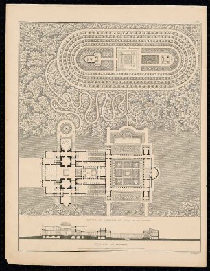 Landhaus bei Charlottenhof, Potsdam: Lageplan, Grundriss, Längsschnitt (aus: Sammlung Architektonischer Entwürfe, Berlin 1858)