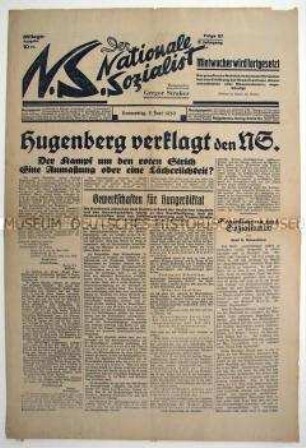 Nationalsozialistische Tageszeitung "Der Nationale Sozialist" u.a. über den Pressestreit zwischen Hugenberg und Straßer