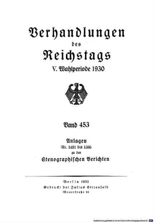 Verhandlungen des Reichstages. Stenographische Berichte. 453. 1930