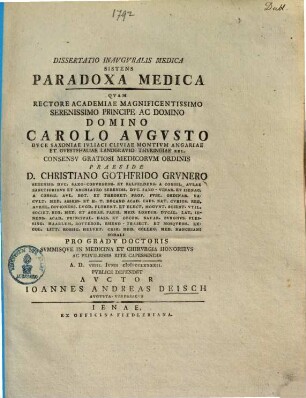 Dissertatio Inavgvralis Medica Sistens Paradoxa Medica