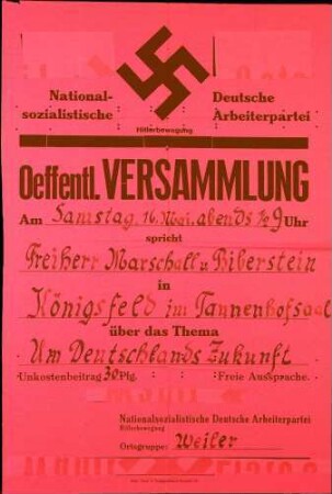 Versammlung der NSDAP-Ortsgruppe Weiler in Königsfeld: Um Deutschlands Zukunft