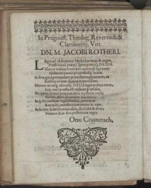 In Prognost. Theolog. Reverendi & Clarissimiq[ue] Viri M. Jacobi Rotheri