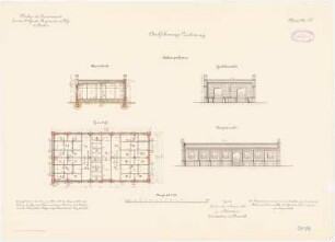 Kaserne des 4. Garderegiments zu Fuß, Berlin-Moabit: Patronenhaus: Grundriss, Querschnitt, Längsansicht, Giebelansicht 1:100
